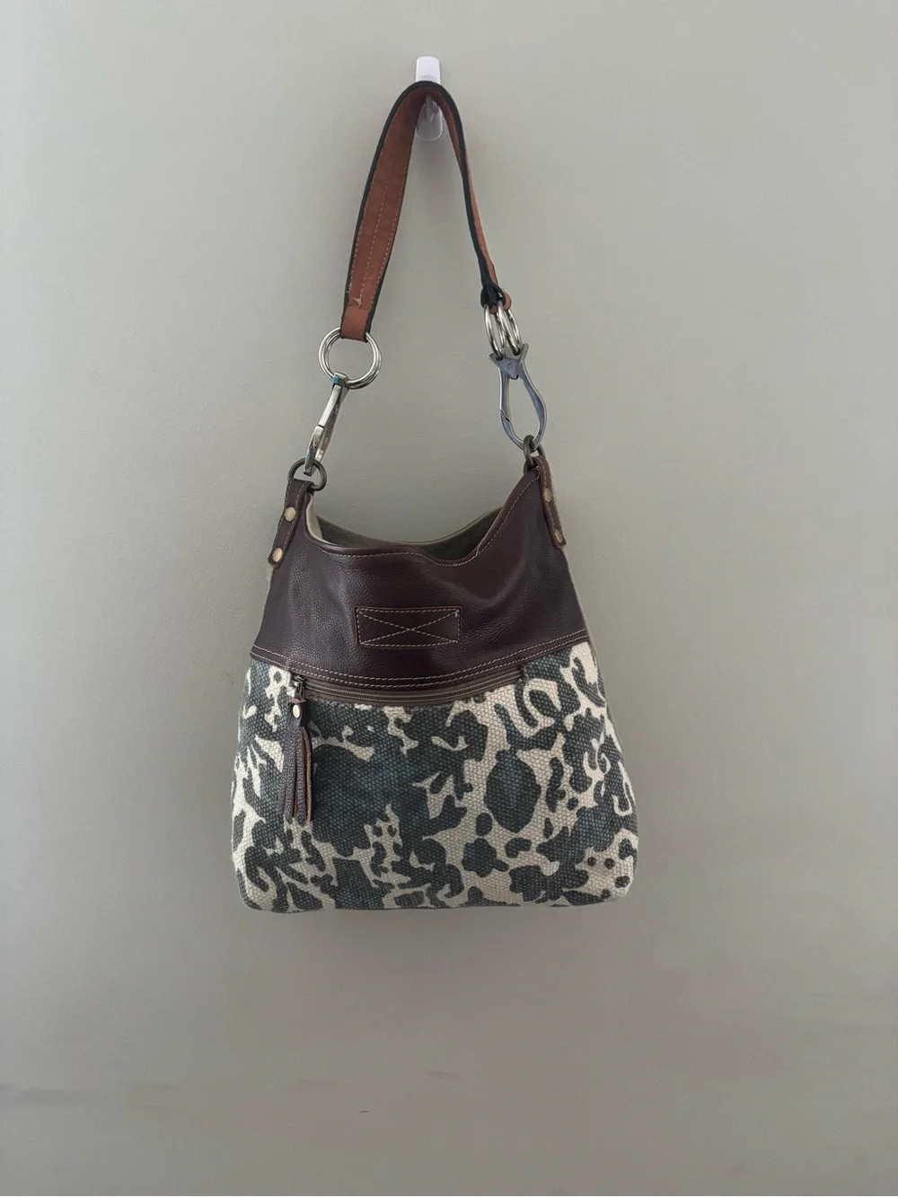 Myra Brown Leather & Ivory Patterned Hobo Canvas Crossbody Shoulder Bag